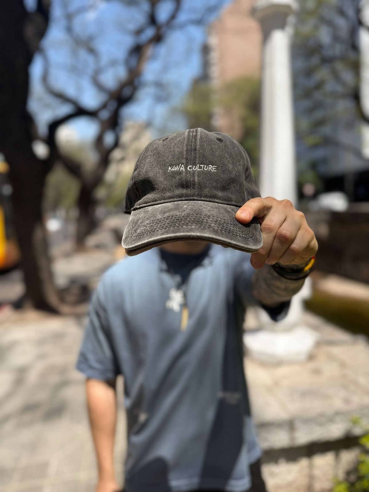 A structured six-panel cap holding its shape off the head